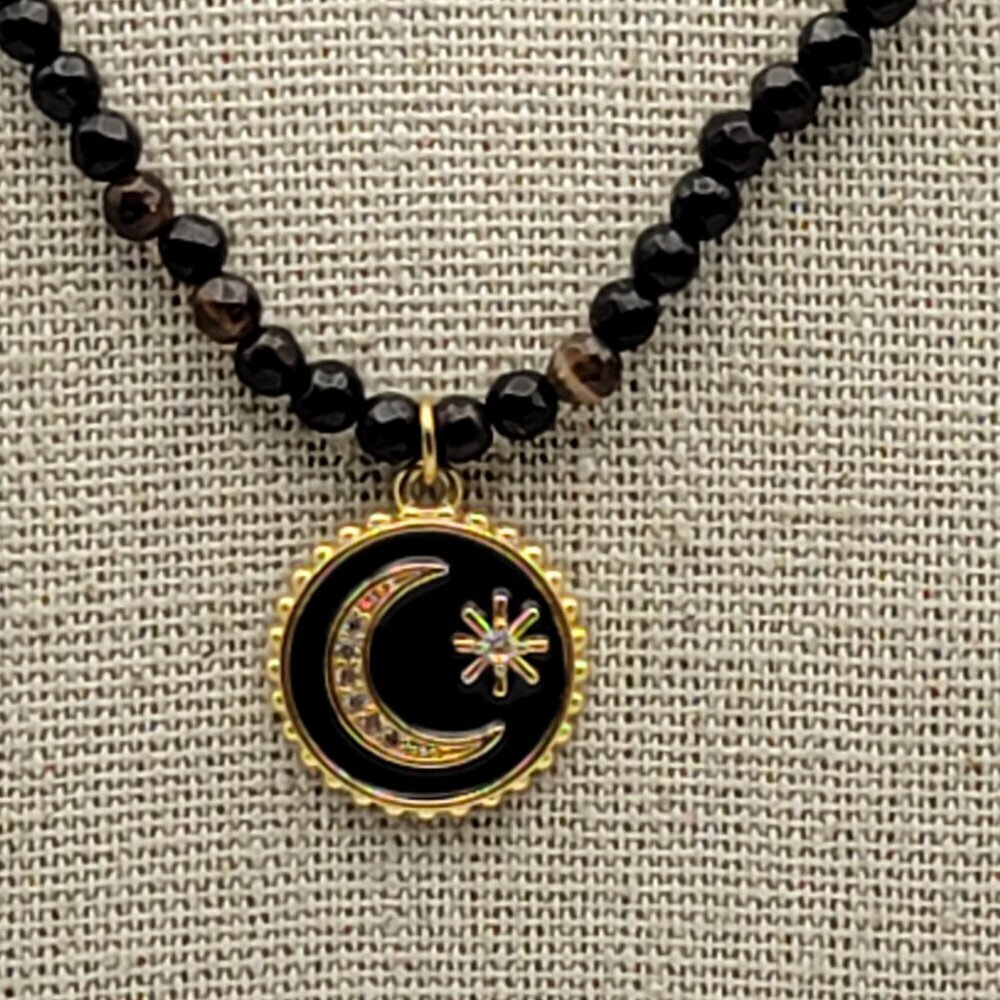 Eye Candy LA 18K Gold Plated Brass Moon Star Pendant Agate Bead Necklace 18.5"